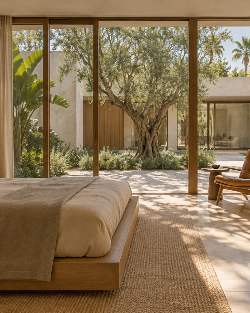Calm bedroom with an oak bed and leather armchair facing a glazed wall onto the courtyard garden