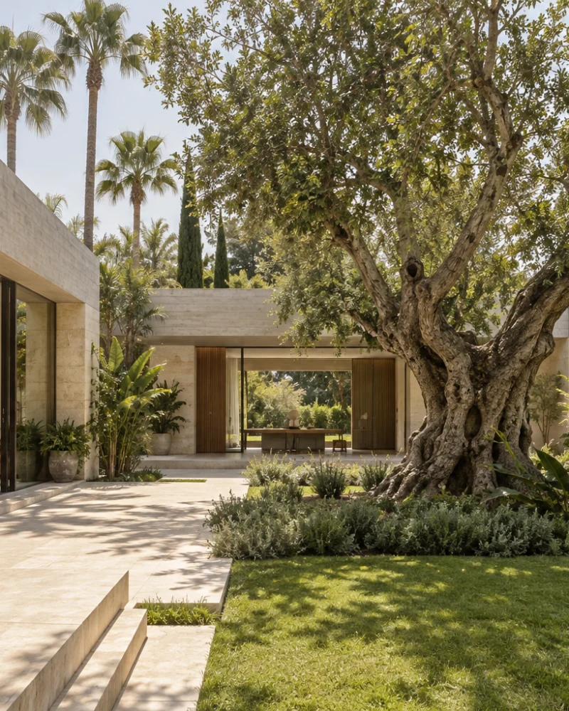 Courtyard with an old fig tree between board-marked concrete pavilions, a lawn and a glimpse of the library
