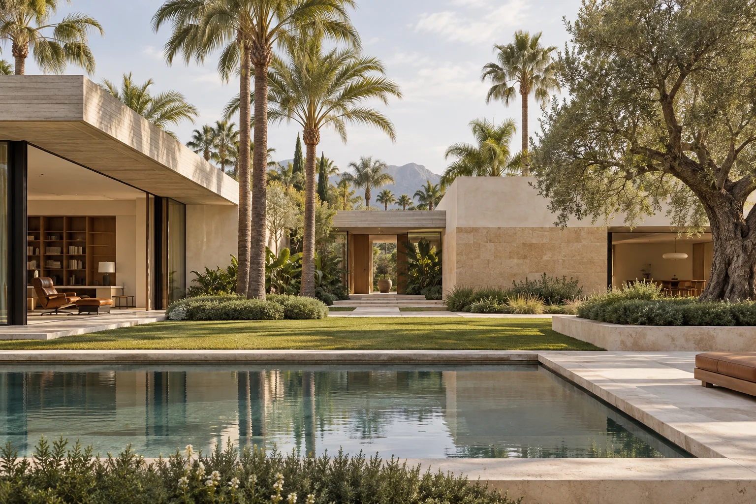 Low limestone pavilions framed by tall palms and an old fig tree across a lawn and pool in soft midday light