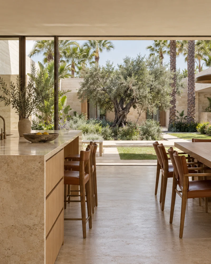 Limestone kitchen island with oak cabinetry and a dining table with leather chairs overlooking the courtyard