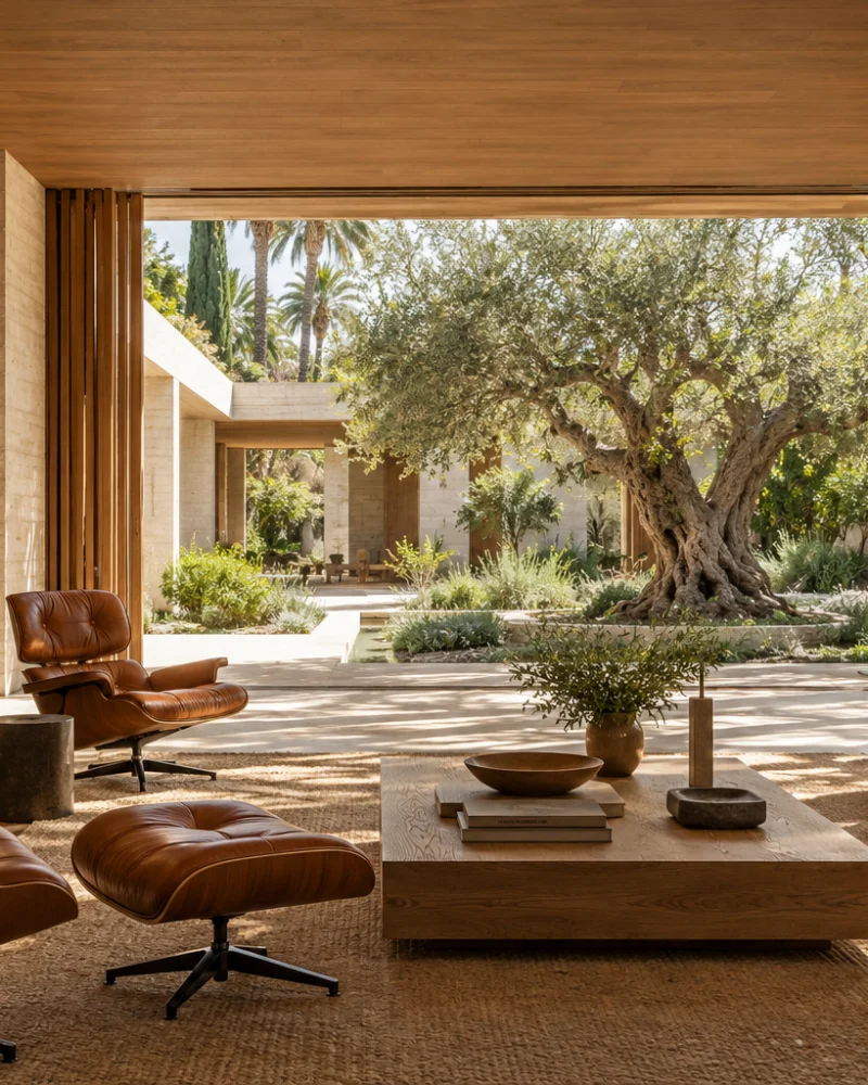 Drawing room with leather lounge chairs, a leather sofa and oak shelving opening onto the fig-tree courtyard