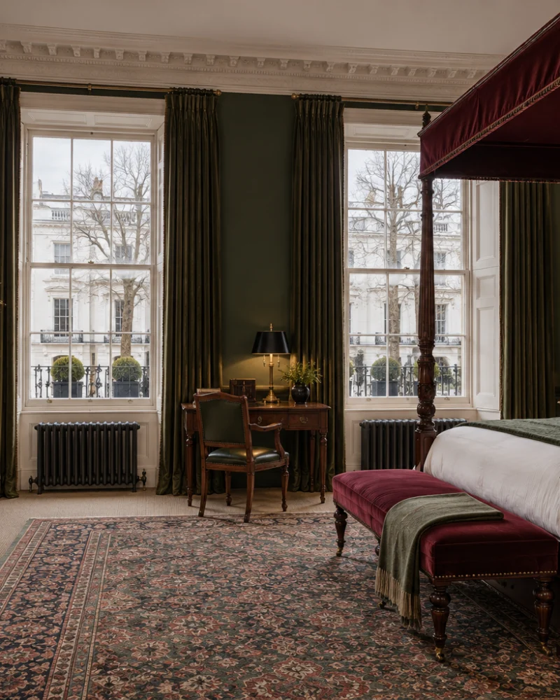 Principal bedroom with a mahogany four-poster in oxblood velvet, green walls, Persian rug and a view of the garden square
