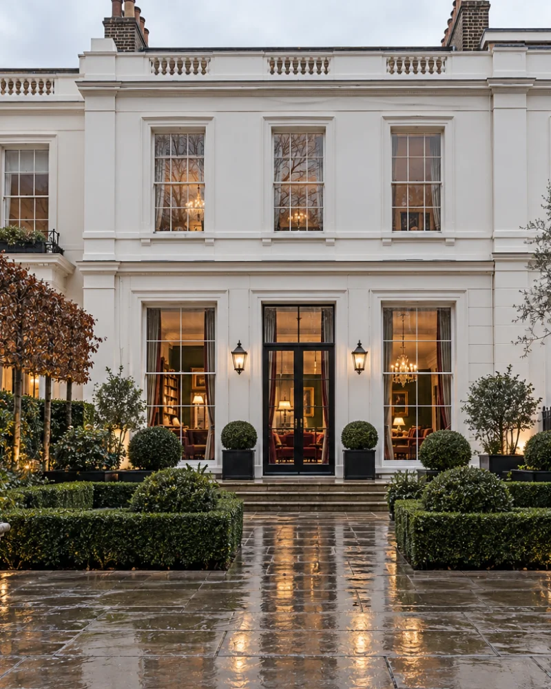 Formal rear garden with pleached hornbeams, clipped box and rain-wet stone paving before the lit rear façade