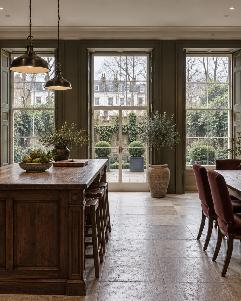 Family kitchen with an antique timber island, range cooker, oxblood dining chairs and tall windows onto the garden