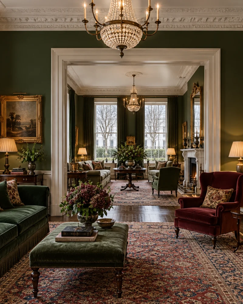 Double drawing room with deep green walls, green velvet sofa, oxblood armchairs, gilded mirrors and lit fireplaces