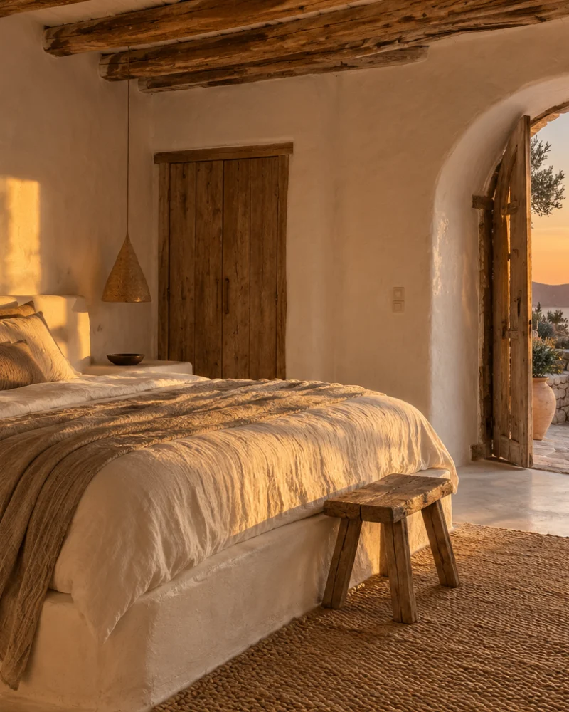 Beamed bedroom with a plaster bed base, linen throw and an arched door open to the sunset over the sea