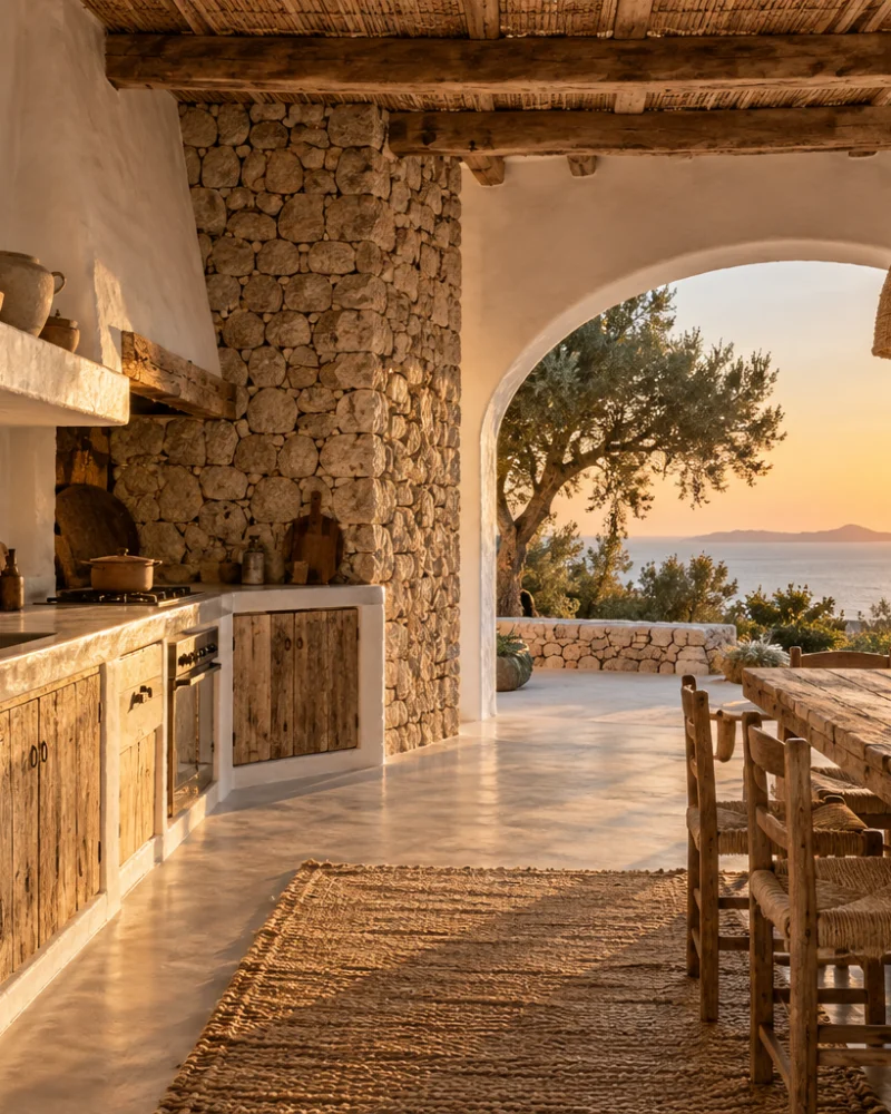 Rustic kitchen with limewashed counters, dry-stone wall, timber doors, woven pendants and a view to the sea