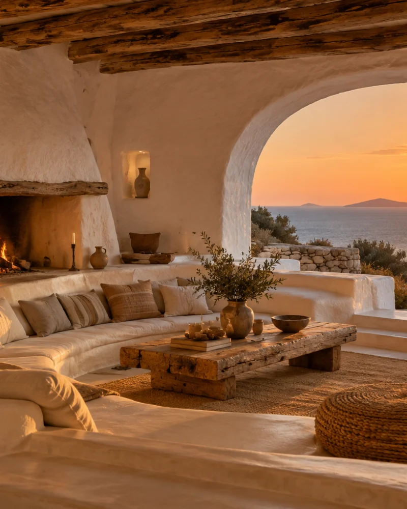 Sunken lounge with built-in plaster seating, a log fire, rough timber table and an arched opening to the sunset sea