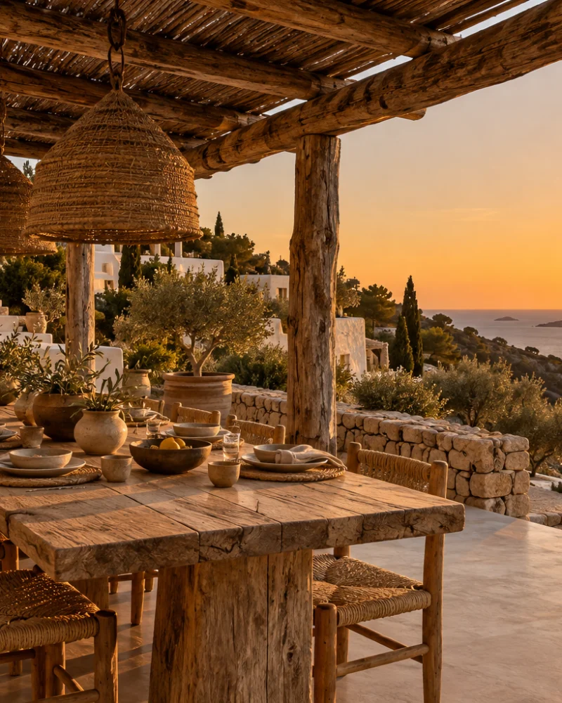 Pergola dining terrace with a rough timber table, rush chairs and woven lanterns above the clifftop at sunset
