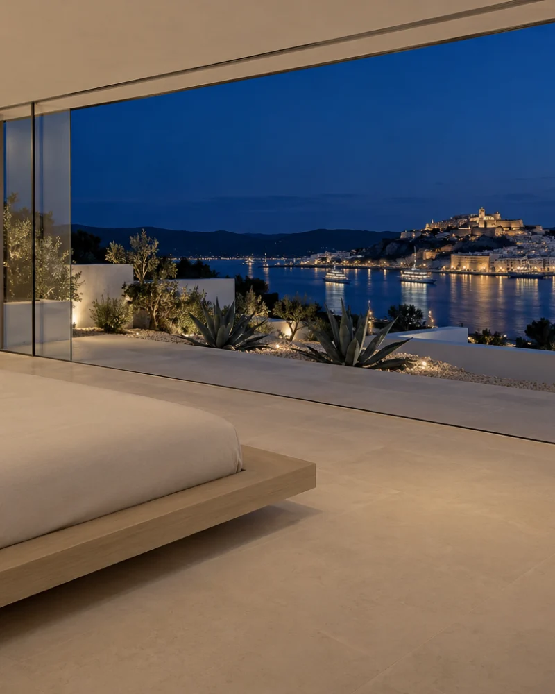Pared-back bedroom with a low oak bed facing a glass wall over the harbour and Dalt Vila at blue hour