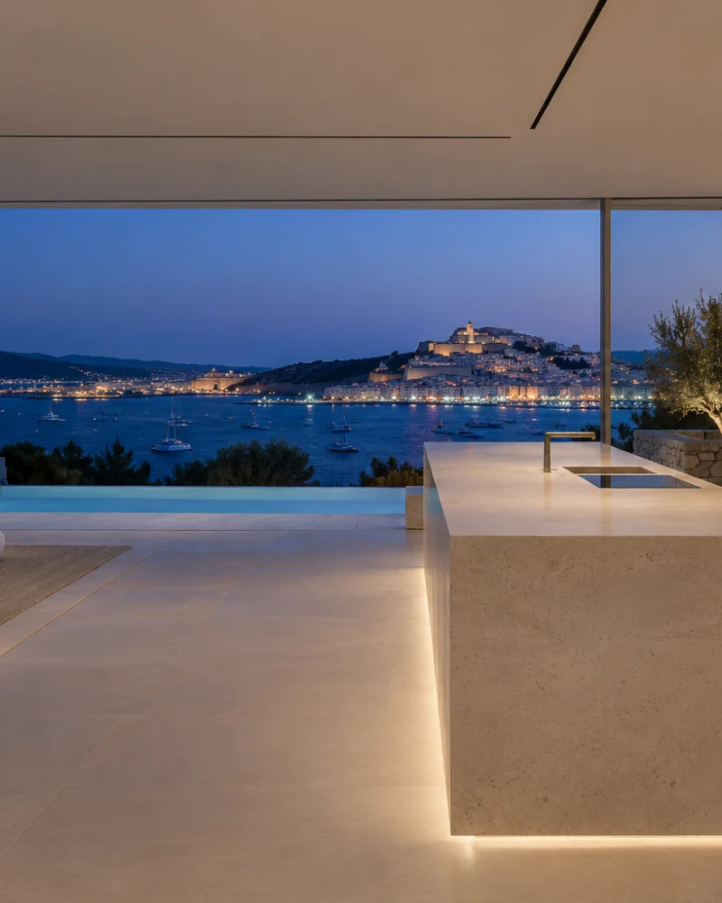 Pale limestone kitchen island with concealed lighting and full-height glass onto the pool and Ibiza harbour