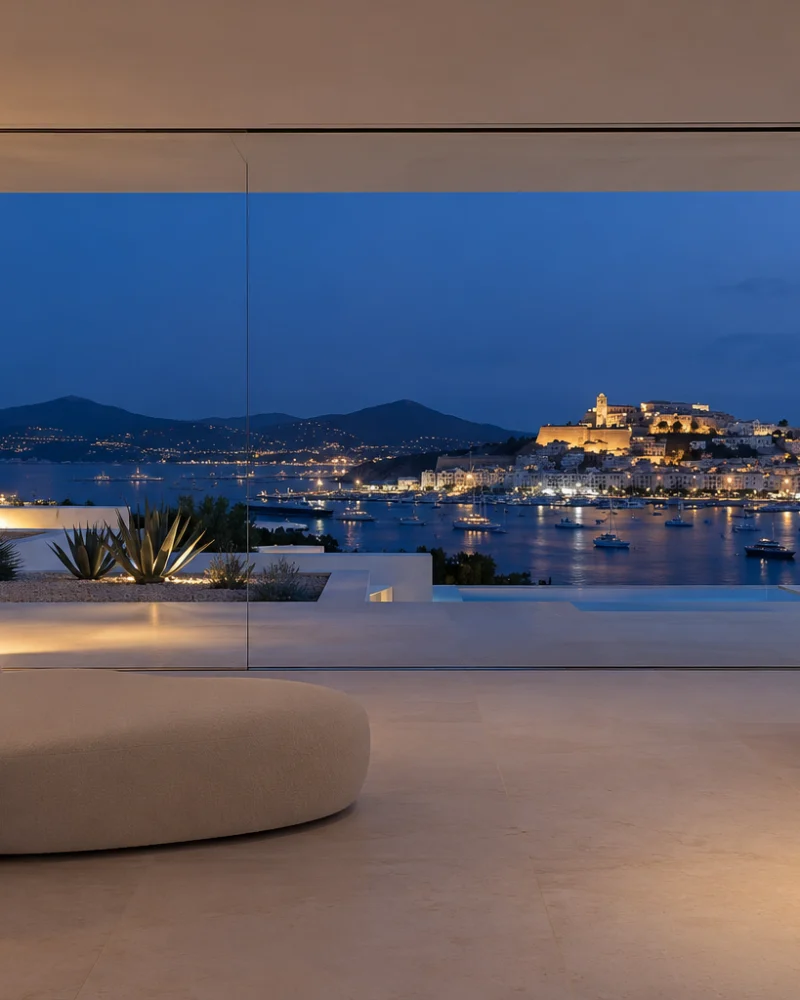 Minimal living room with one sculptural sofa and an oak bench before frameless glass framing Dalt Vila at night