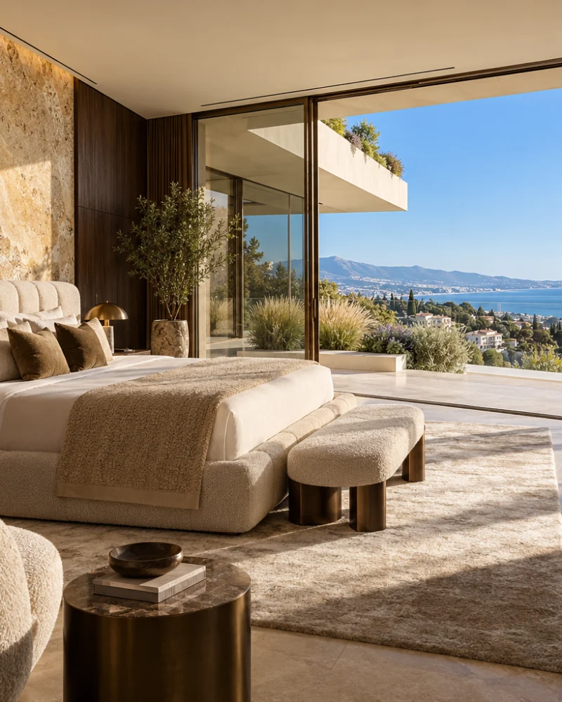 Principal suite with a sandstone feature wall, channel-tufted bed and glazing onto a terrace over the coast