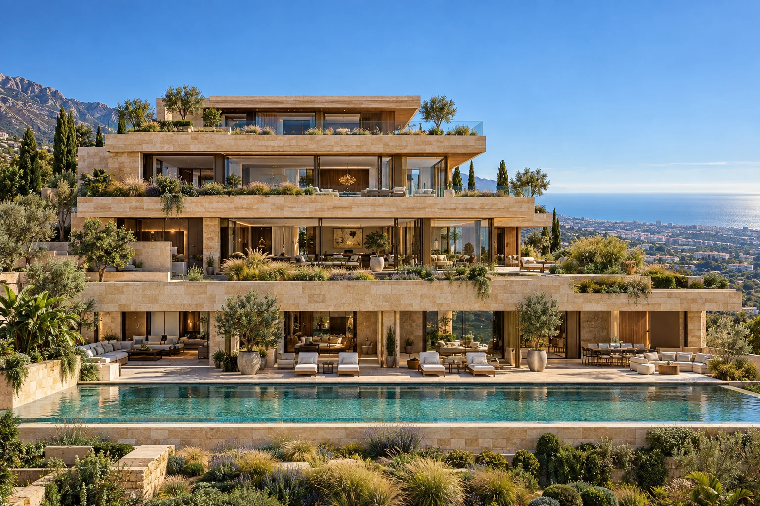 Four-level stepped sandstone mansion with planted terraces above a long pool and panoramic views to the sea