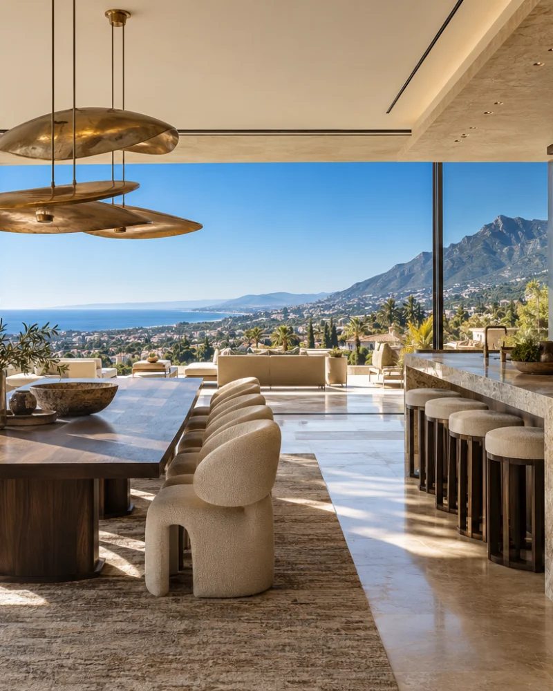 Kitchen with a stone island and walnut cabinetry beside a long walnut dining table with bouclé chairs and coast views