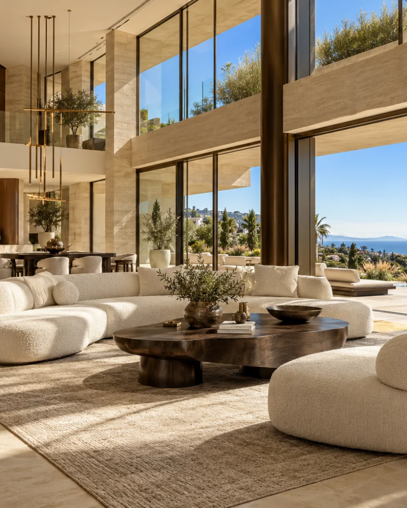 Double-height fossil-stone drawing room with sculptural bouclé seating, a dark walnut table and a sea view