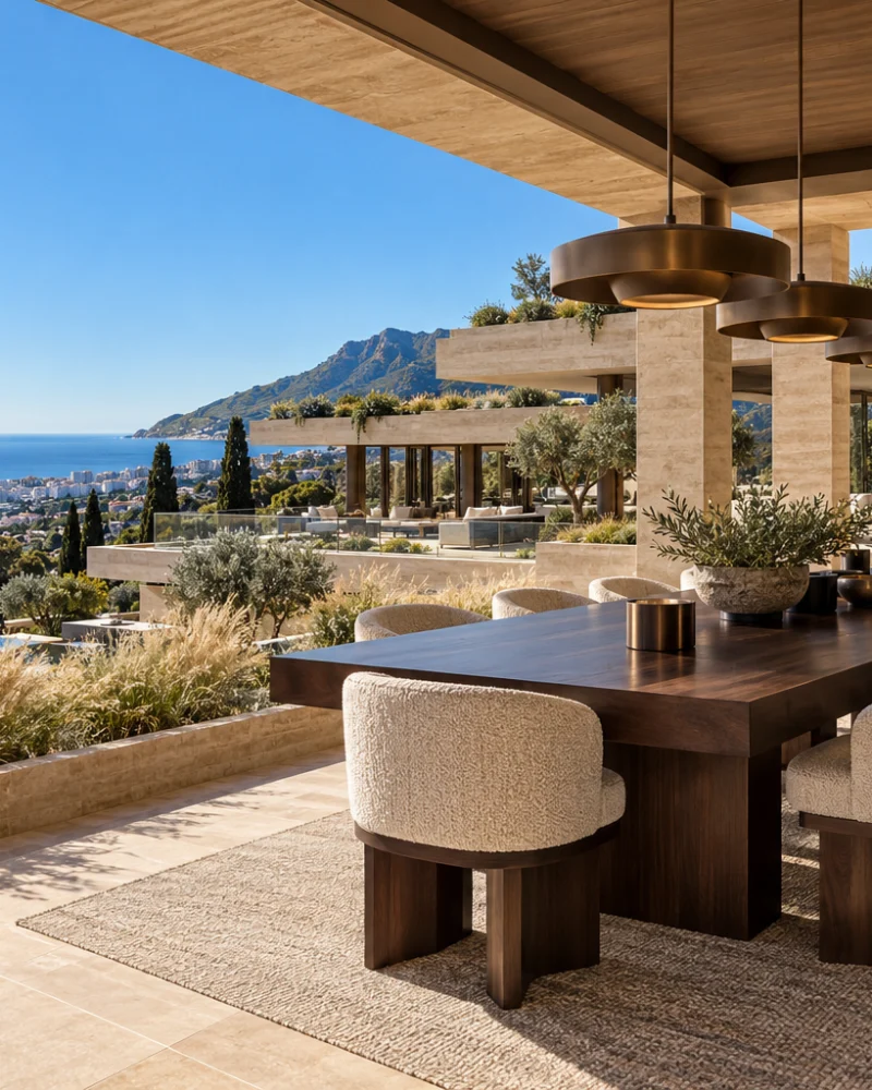 Covered outdoor dining pavilion with bronze pendants, a walnut table and bouclé chairs above Marbella