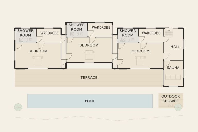 Can Aurelia — Main house — lower level and pool terrace (illustrative floor plan)