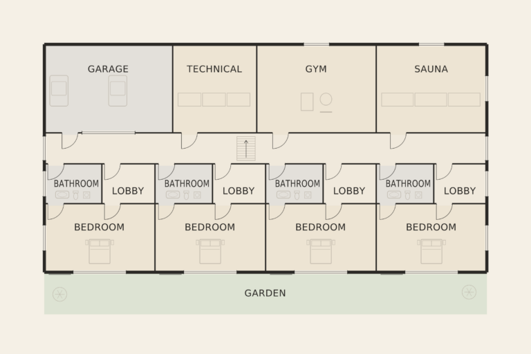 Casa Horizonte — Lower level (illustrative floor plan)