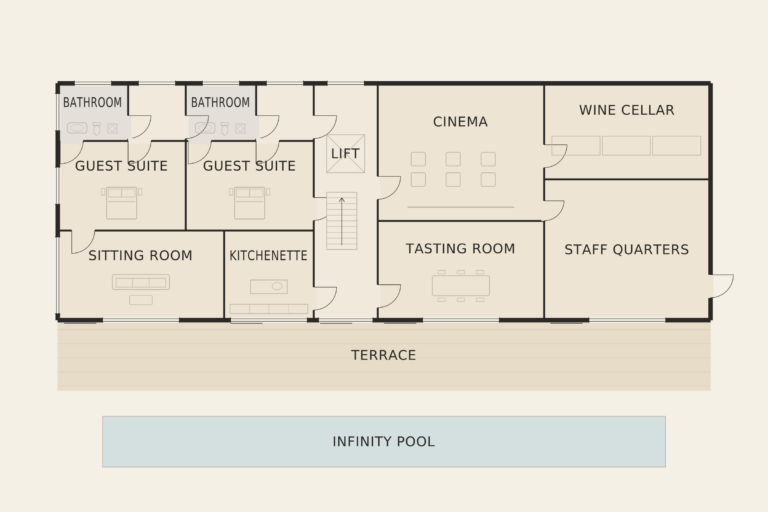 Casa Mirador — Garden level (illustrative floor plan)