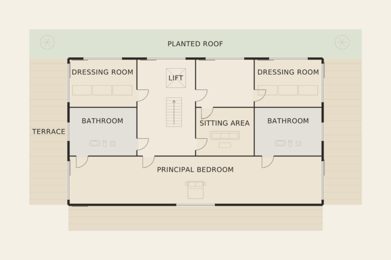 Casa Mirador — Principal level (illustrative floor plan)
