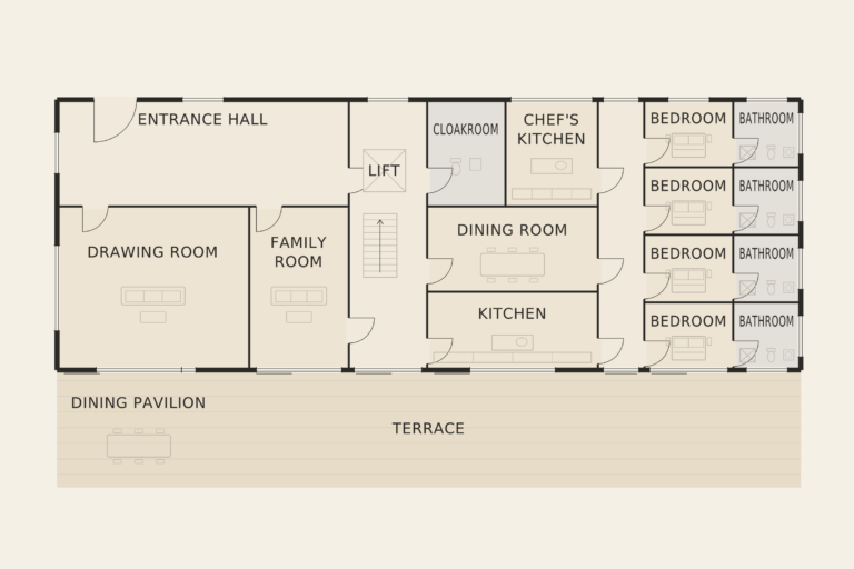 Casa Mirador — Reception level (illustrative floor plan)