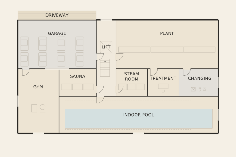 Casa Mirador — Spa level (illustrative floor plan)