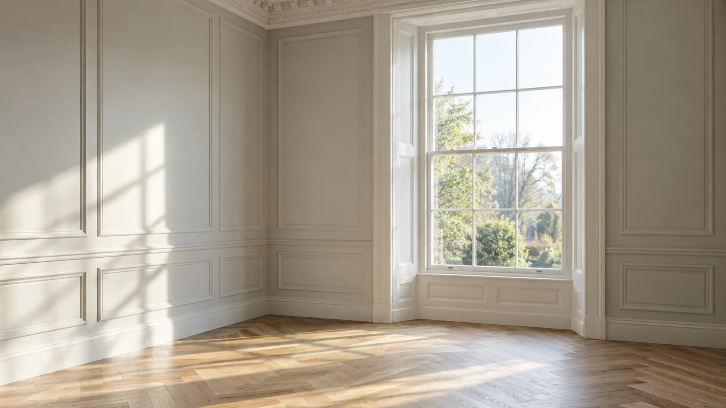 Empty restored period room with a plaster cornice, panelled walls, herringbone parquet and a tall sash window