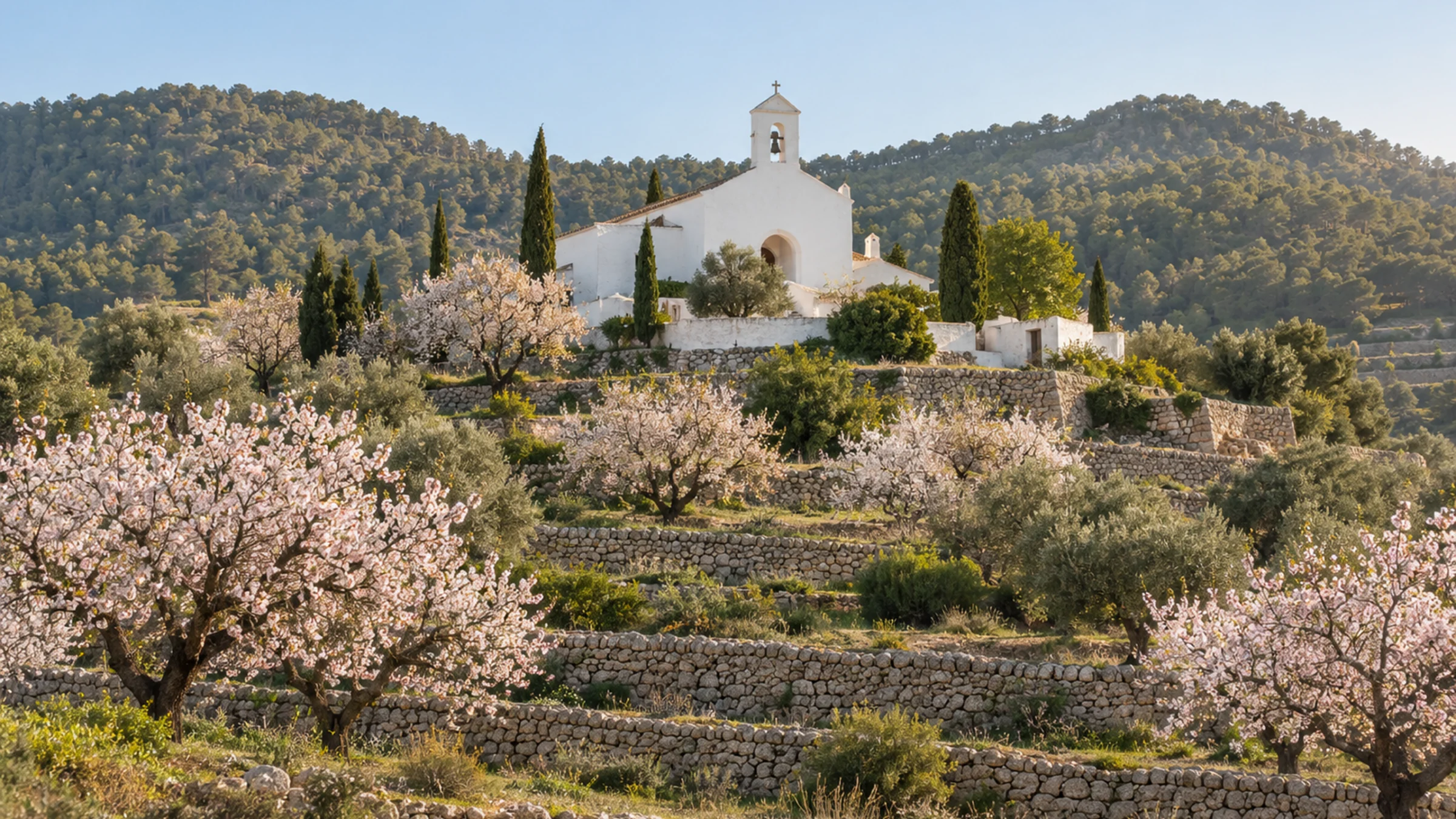 Whitewashed hilltop church above dry-stone terraces and almond trees in blossom, Ibiza countryside
