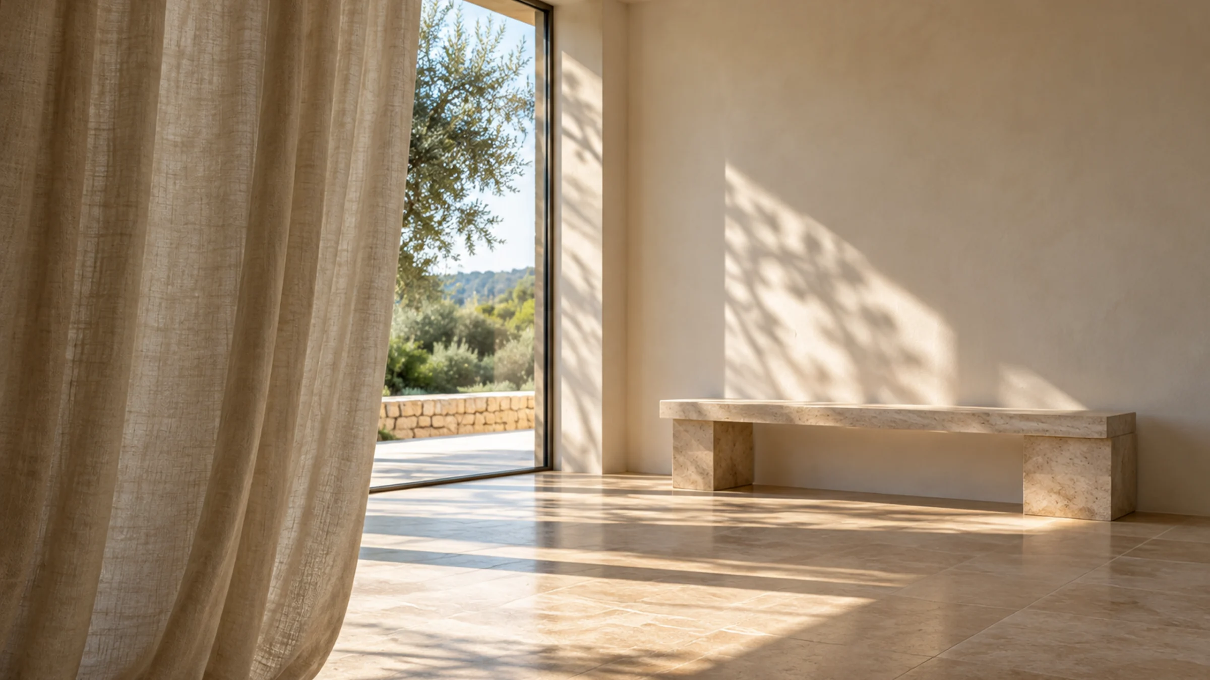 Linen curtain drawn back to reveal a sunlit, empty room with a stone floor and a low stone bench