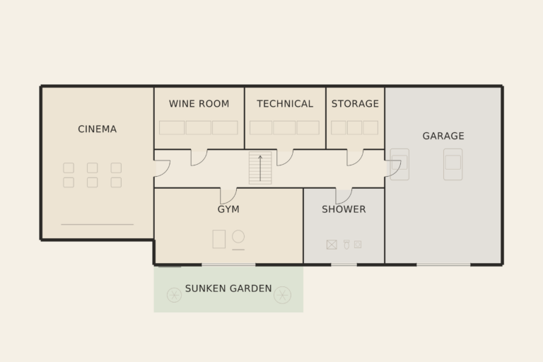 Villa Solara — Lower ground floor (illustrative floor plan)