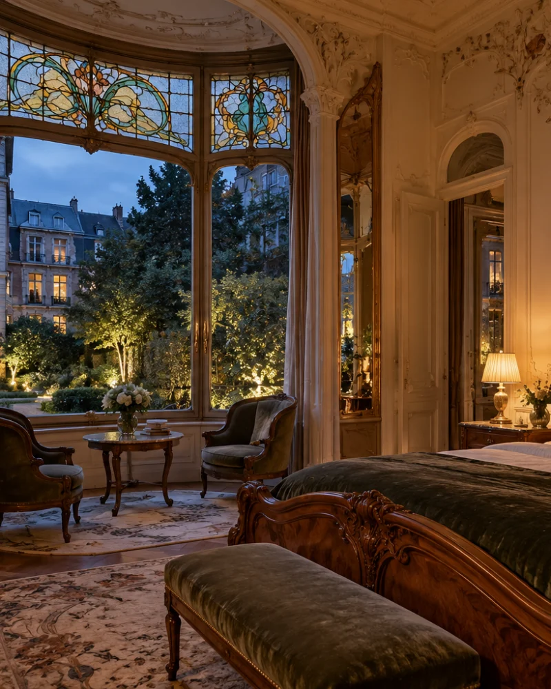 Belle Époque bedroom with a carved bed, stained-glass bay window and contemporary painting