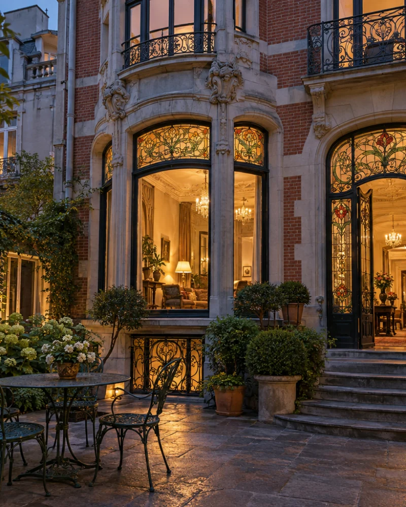 Small city garden with iron furniture and hydrangeas before the lit stained-glass rear façade