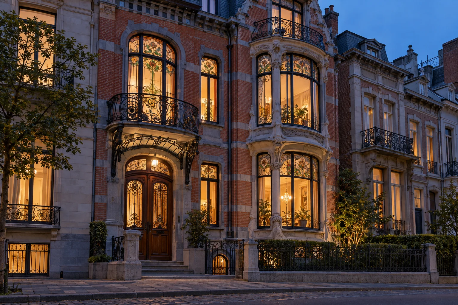 Art Nouveau townhouse façade in brick and blue stone with a wrought-iron balcony and bow window in evening light