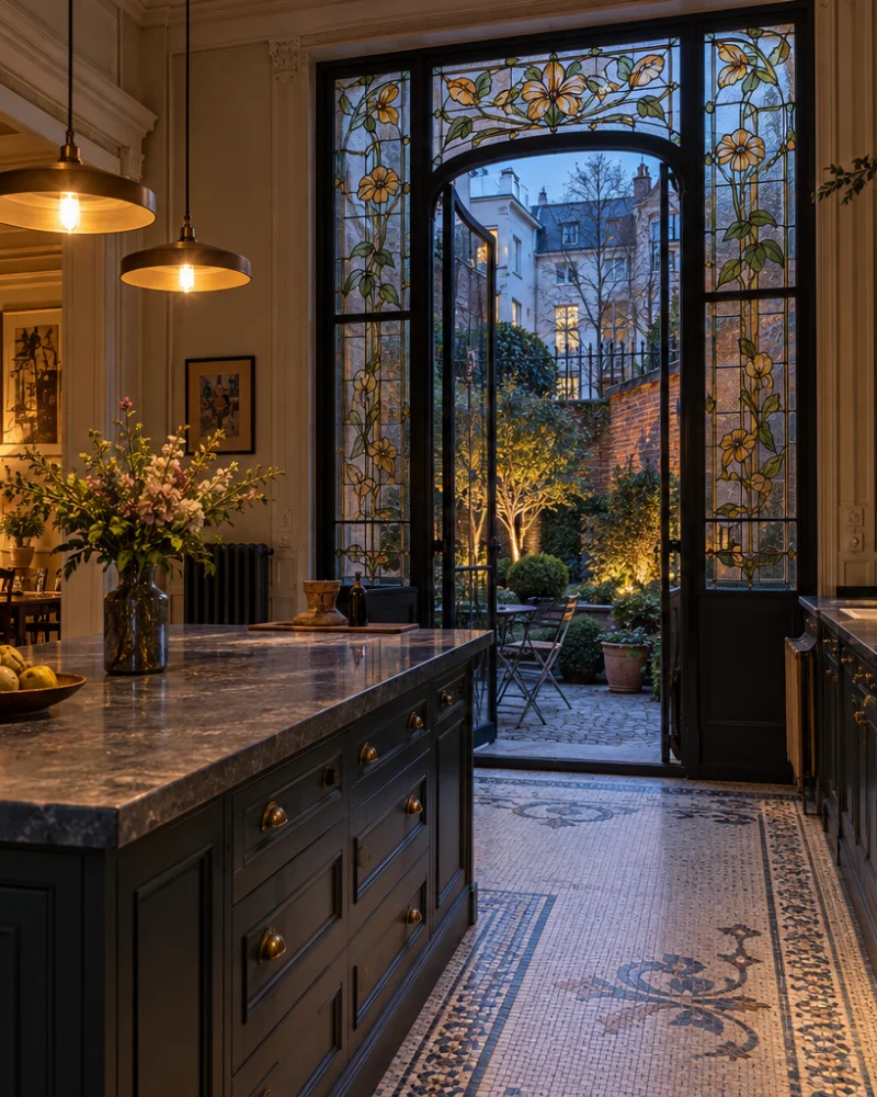 Dark kitchen with a stone island and mosaic floor leading to a stained-glass door onto the garden