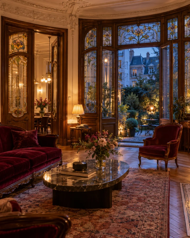 Moulded salon with red velvet sofas, a marble fireplace, stained-glass doors and contemporary art