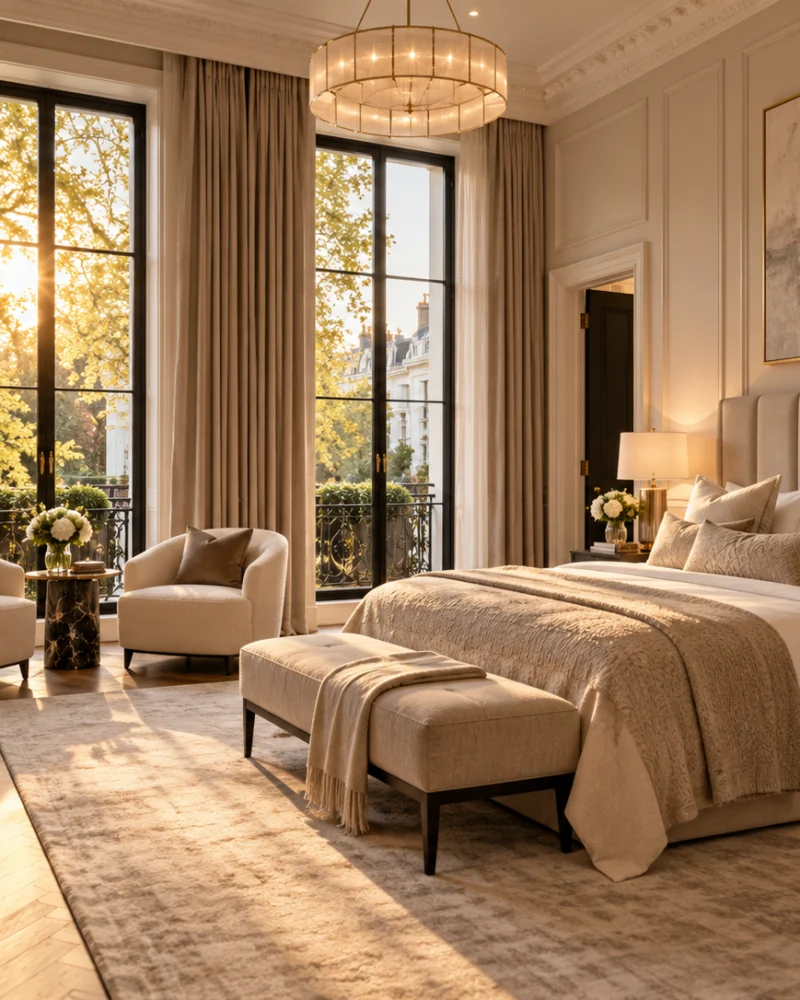 Principal bedroom with an upholstered headboard, fireplace, armchairs by tall windows and a view of the square’s trees