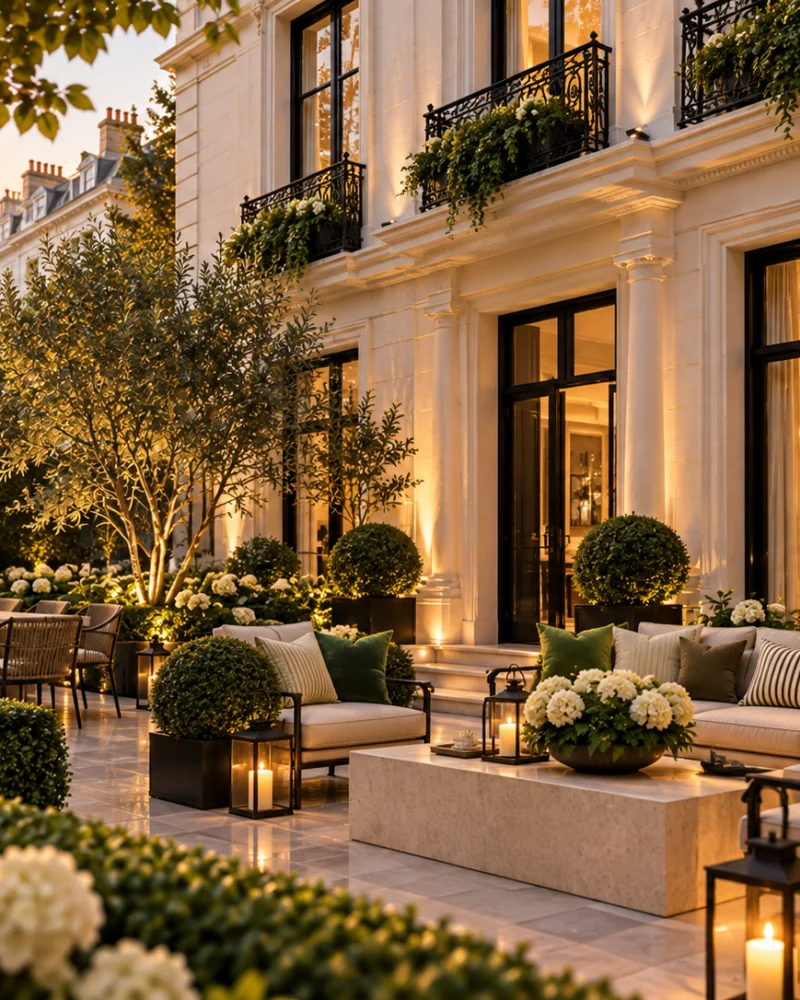 Stone-paved garden terrace with outdoor sofas, a dining table, clipped box and white hydrangeas beside the lit façade