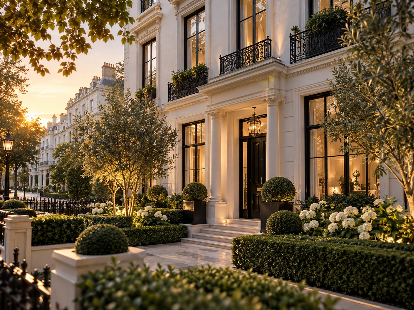 Cream stone façade of Kensington Garden Residence with black-framed windows, iron balconies and a clipped front garden in evening light