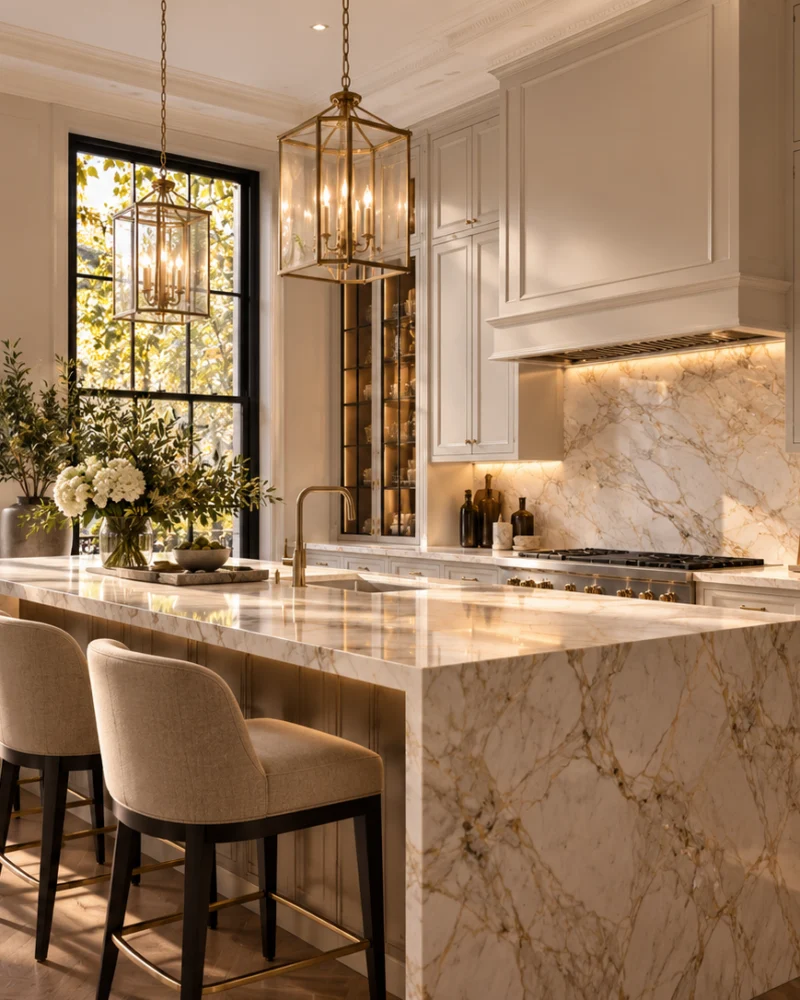 Kitchen with a veined marble island and waterfall edge, ivory cabinetry, brass lantern pendants and herringbone oak floor