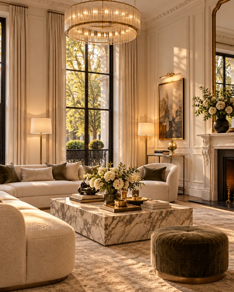 Drawing room with tall windows onto the garden square, a carved marble fireplace, ivory sofas and a marble coffee table