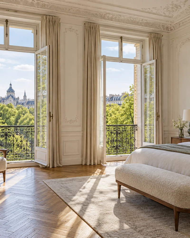 Bedroom with herringbone parquet, upholstered bed and tall windows open over the treetops