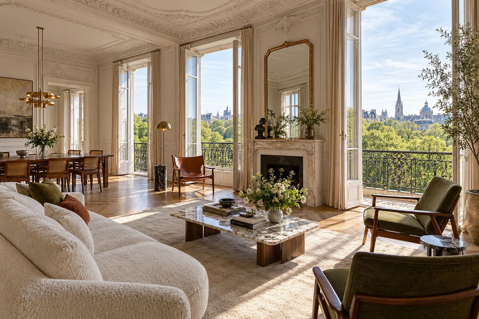 High-ceilinged salon with tall French windows and a wrought-iron balcony over the park canopy on a spring afternoon
