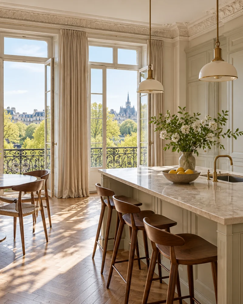 Classic kitchen with a marble island, round dining table and French windows onto the park