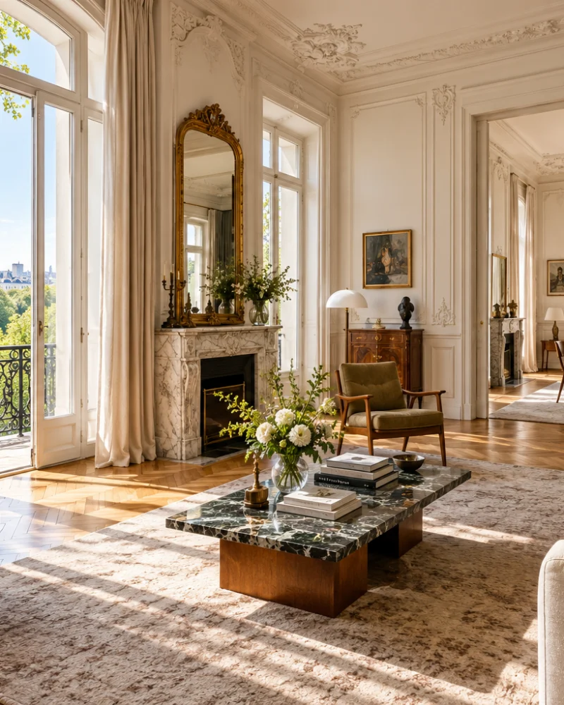 Salon with mouldings, marble fireplace and mid-century chairs, opening in enfilade to the dining room