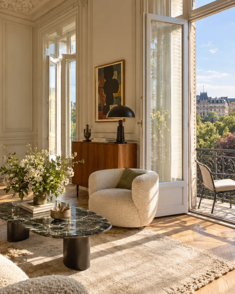 Sitting room with a French window onto an iron balcony over the park, the dining room beyond
