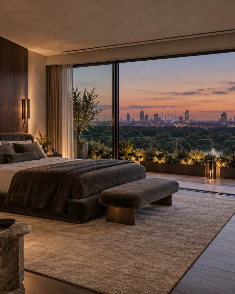 Principal bedroom with a walnut-panelled wall, low upholstered bed and a dusk view across the park to the skyline