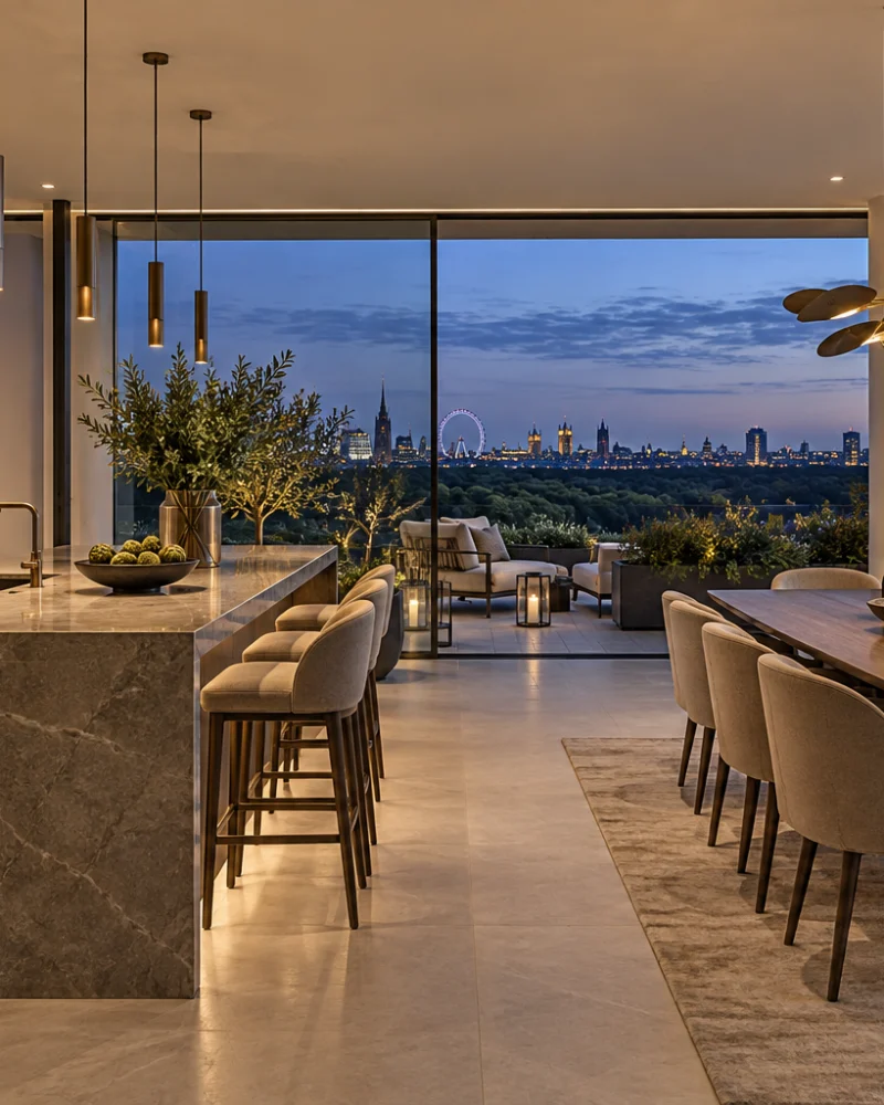 Kitchen with a stone island, smoked walnut cabinetry and bronze pendants beside a long dining table and park view