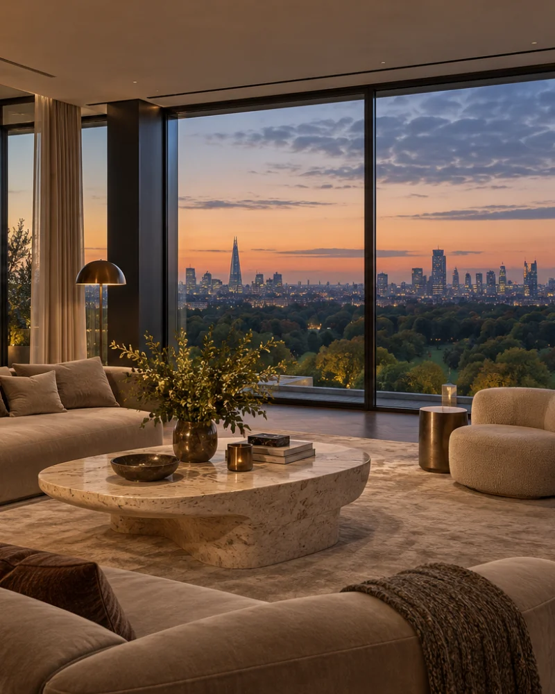 Drawing room with mohair sofas and a sculptural stone table facing floor-to-ceiling glass over Hyde Park at sunset