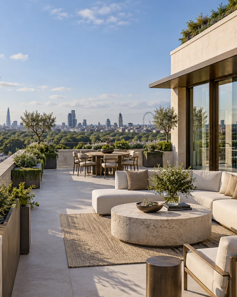 Planted roof terrace in daylight with olive trees, outdoor sofas and views over Mayfair rooftops